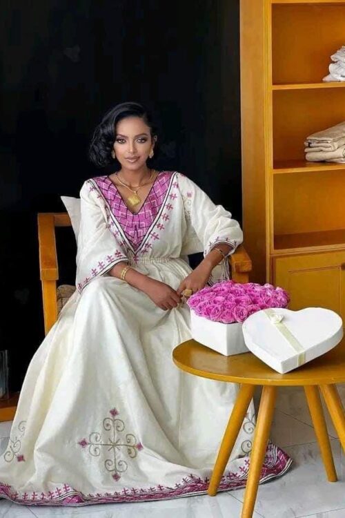 Zuria Habesha Kemis – Cream with Pink Tibeb – Azmarino Fashion Boutique