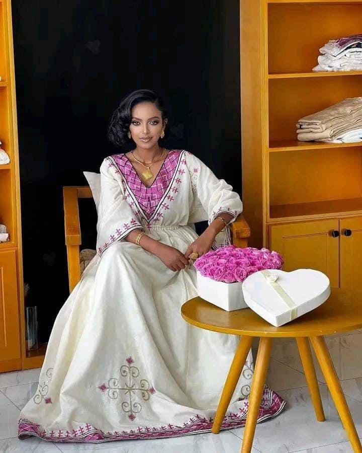 Zuria Habesha Kemis – Cream with Pink Tibeb – Azmarino Fashion Boutique