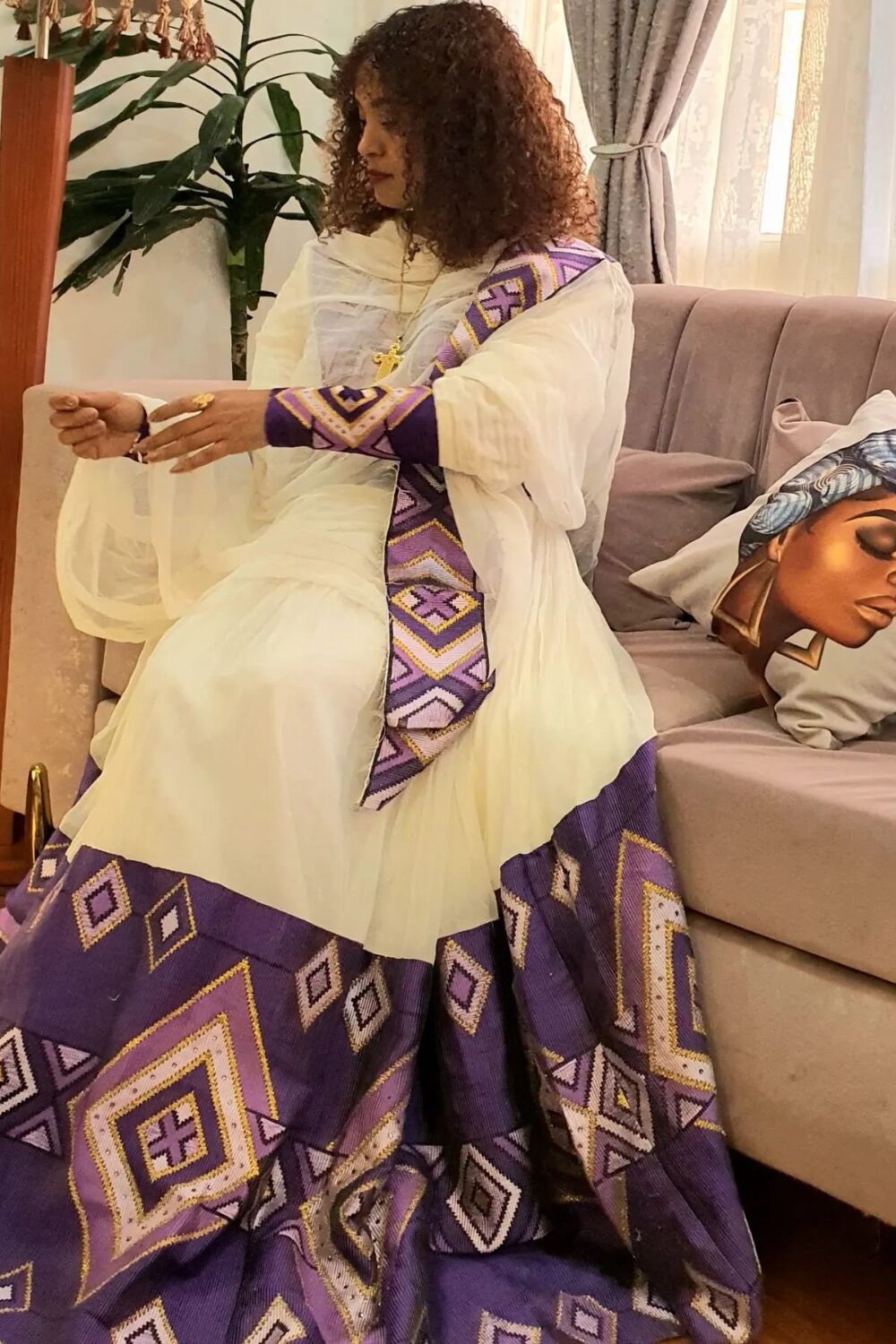 Zuria Habesha Kemis – Cream with Purple Tibeb – Azmarino Fashion Boutique