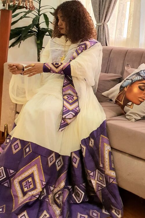 Zuria Habesha Kemis – Cream with Purple Tibeb – Azmarino Fashion Boutique