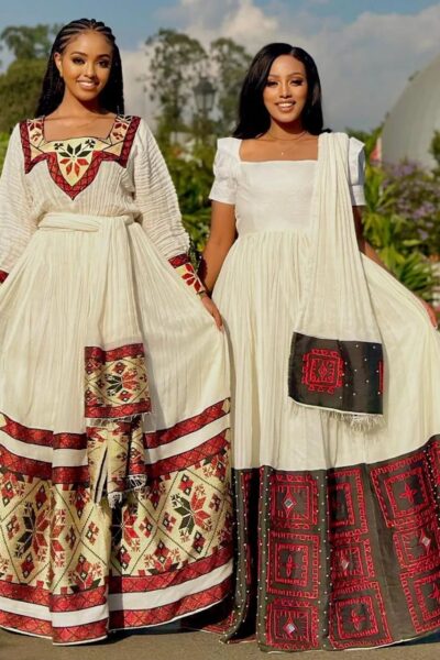Zuria Habesha Kemis – Cream with Red & Black Tibeb