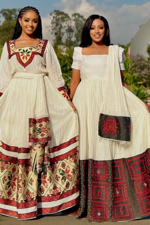 Zuria Habesha Kemis – Cream with Red & Black Tibeb – Azmarino Fashion Boutique