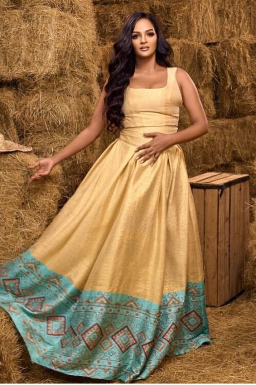 Zuria Habesha Kemis – Gold-Beige with Teal Tibeb Hem – Azmarino Fashion Boutique