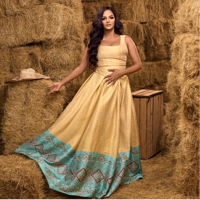 Zuria Habesha Kemis – Gold-Beige with Teal Tibeb Hem – Azmarino Fashion Boutique