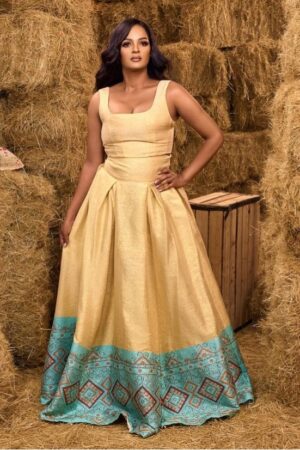 Zuria Habesha Kemis – Gold-Beige with Teal Tibeb Hem – Azmarino Fashion Boutique – view 2