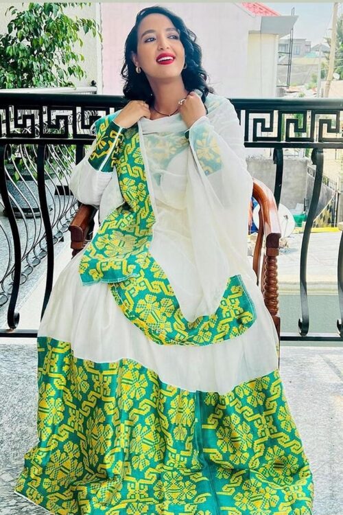 Zuria Habesha Kemis – Green Floral Print – Azmarino Fashion Boutique