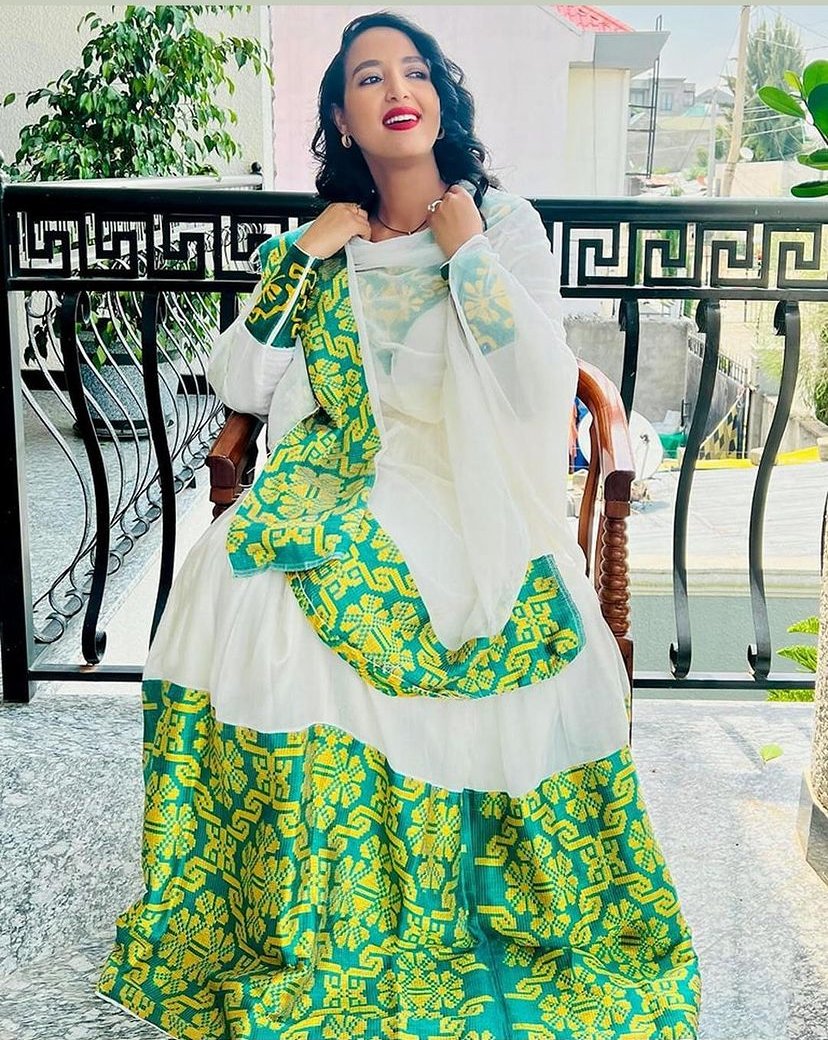 Zuria Habesha Kemis – Green Floral Print – Azmarino Fashion Boutique