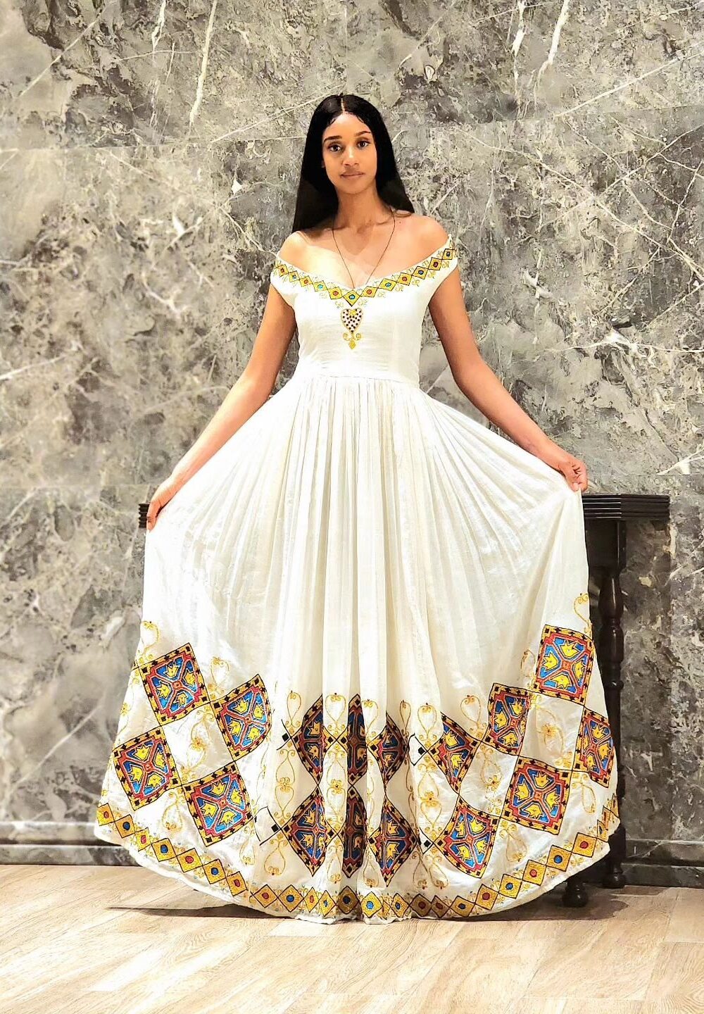 Zuria Habesha Kemis – White Off-Shoulder with Gold Tibeb – Azmarino Fashion Boutique