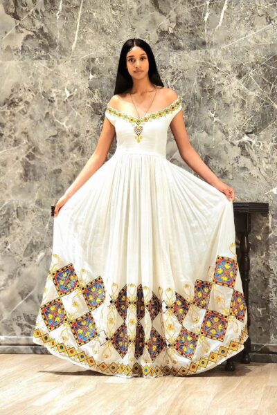 Zuria Habesha Kemis – White Off-Shoulder with Gold Tibeb