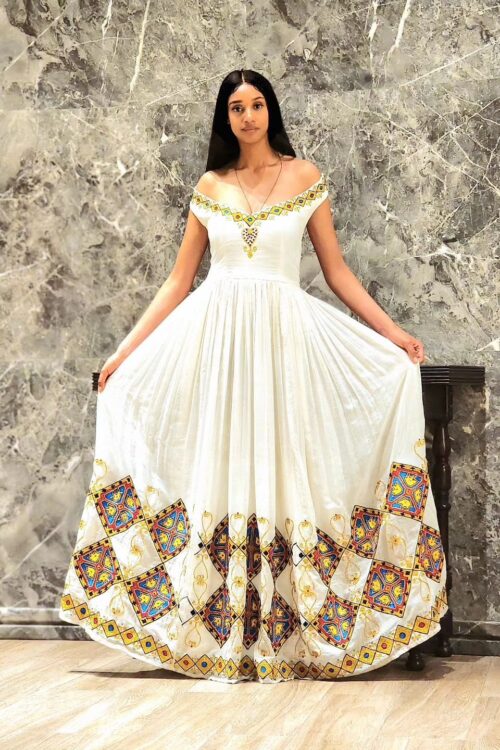 Zuria Habesha Kemis – White Off-Shoulder with Gold Tibeb – Azmarino Fashion Boutique