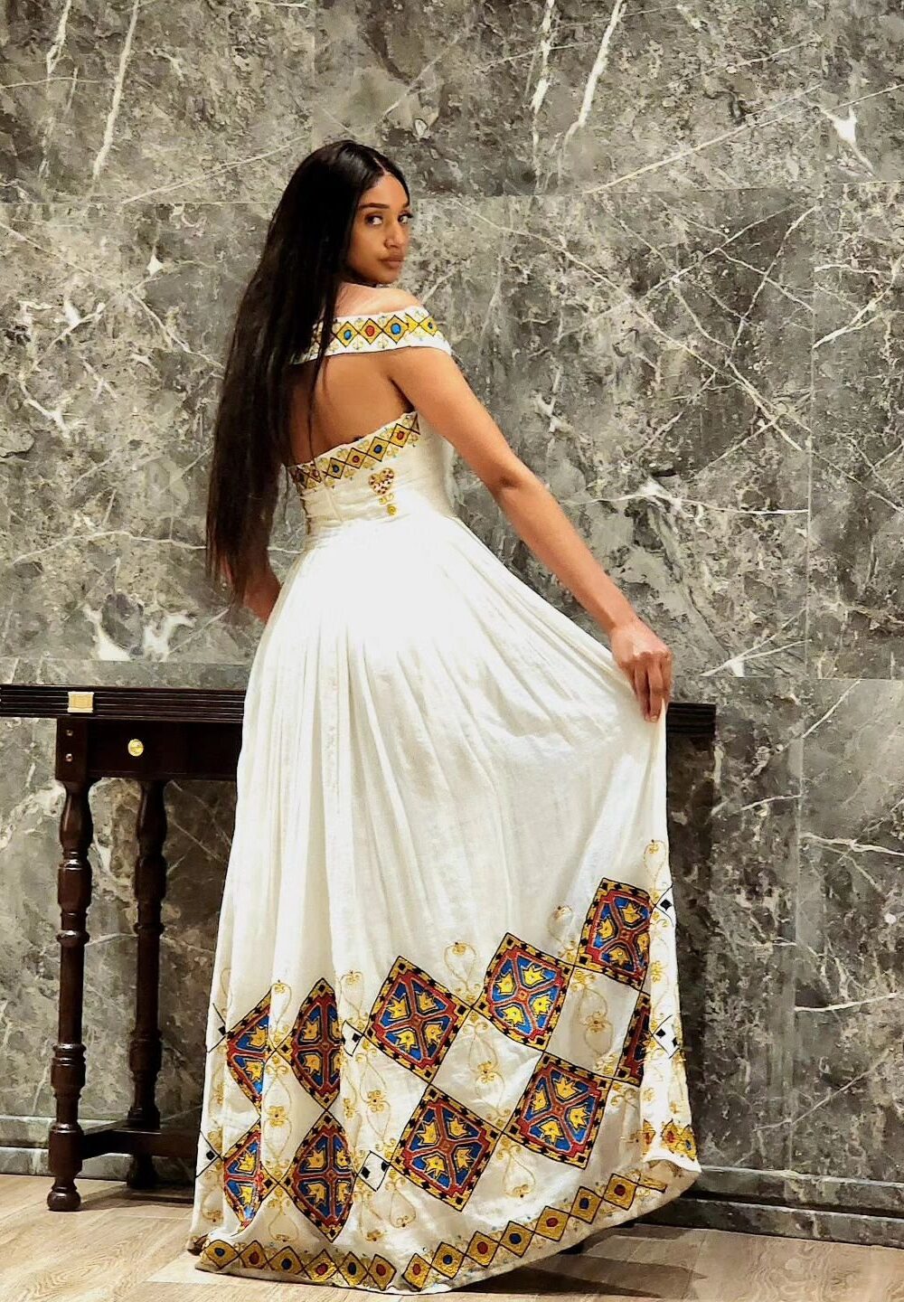 Zuria Habesha Kemis – White Off-Shoulder with Gold Tibeb – Azmarino Fashion Boutique – view 2