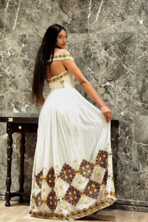 Zuria Habesha Kemis – White Off-Shoulder with Gold Tibeb – Azmarino Fashion Boutique – view 2