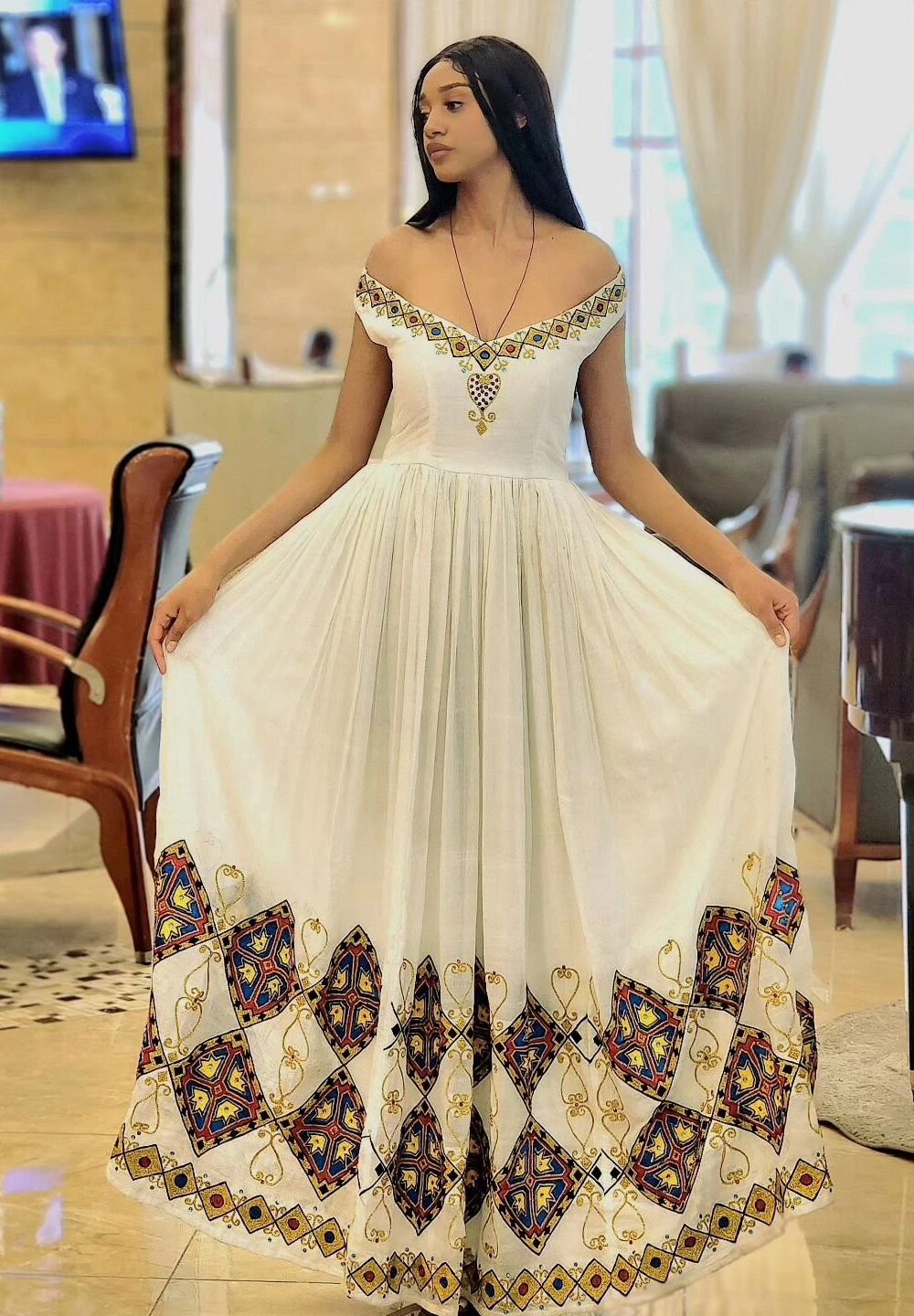 Zuria Habesha Kemis – White Off-Shoulder with Gold Tibeb – Azmarino Fashion Boutique – view 3
