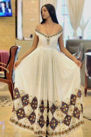 Zuria Habesha Kemis – White Off-Shoulder with Gold Tibeb – Azmarino Fashion Boutique – view 3