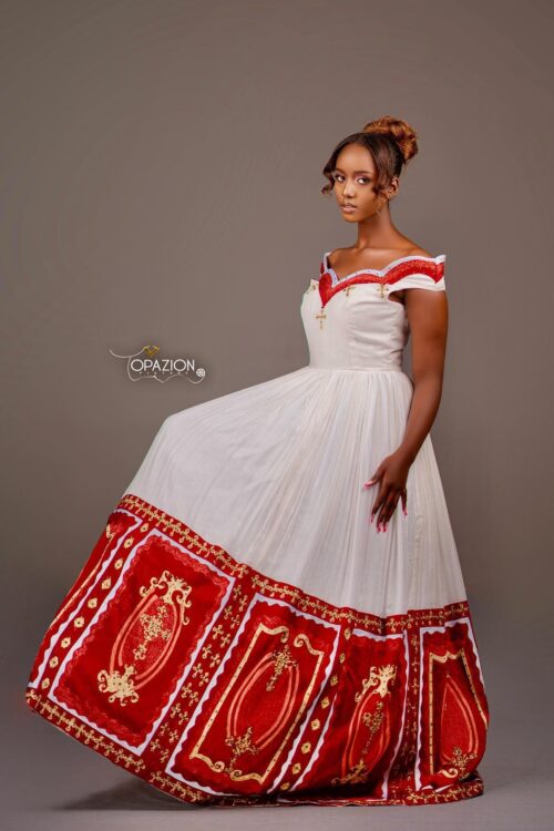 Zuria Habesha Kemis – White Off-Shoulder with Red Tibeb – Azmarino Fashion Boutique