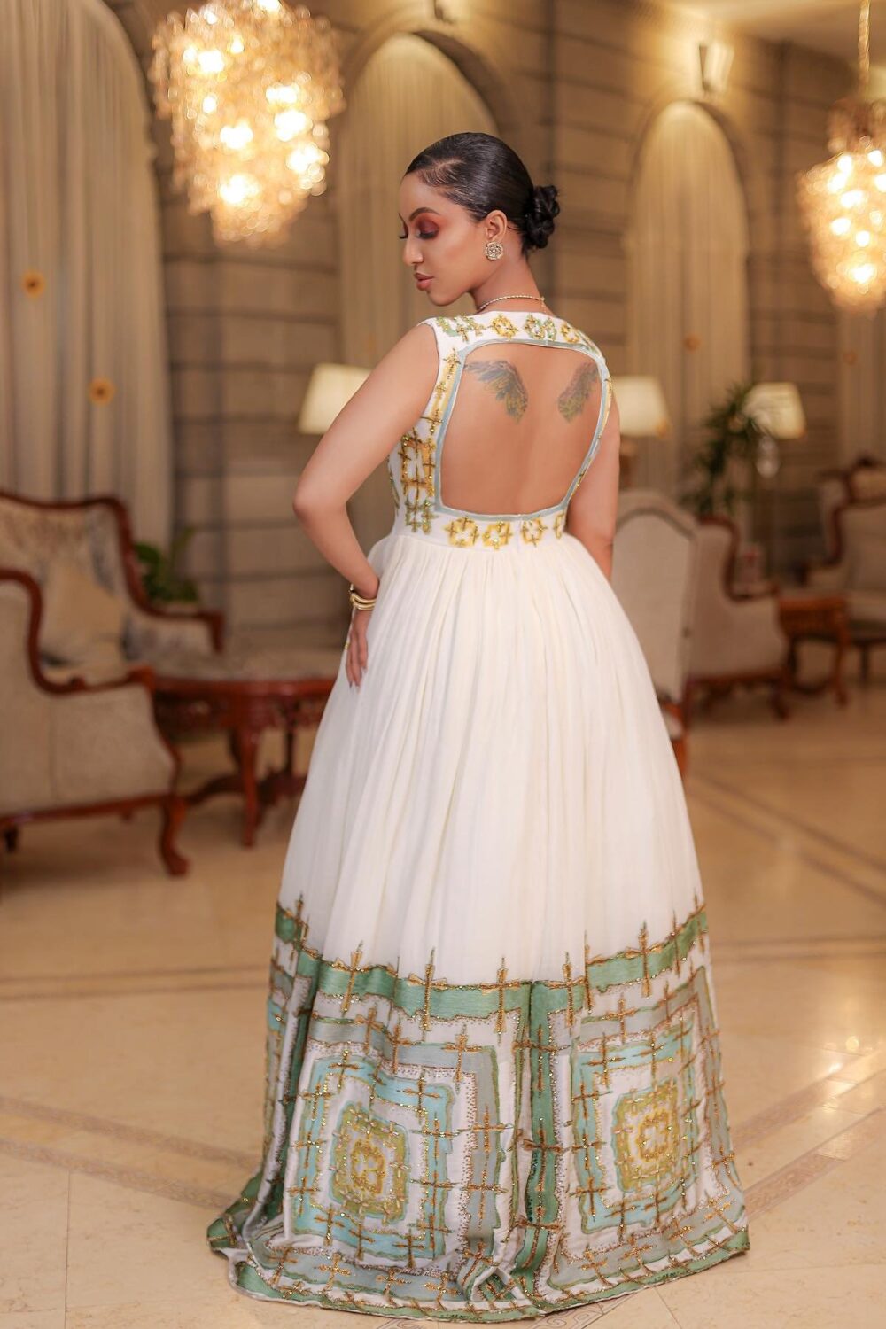 Zuria Habesha Kemis – White Open-Back with Green & Gold Tibeb – Azmarino Fashion Boutique