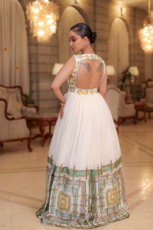 Zuria Habesha Kemis – White Open-Back with Green & Gold Tibeb – Azmarino Fashion Boutique
