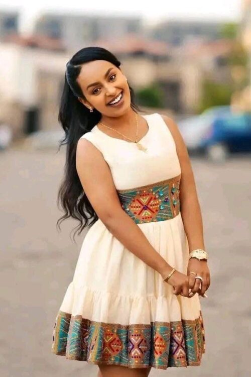 Zuria Habesha Kemis – White Short with Tibeb Waist – Azmarino Fashion Boutique