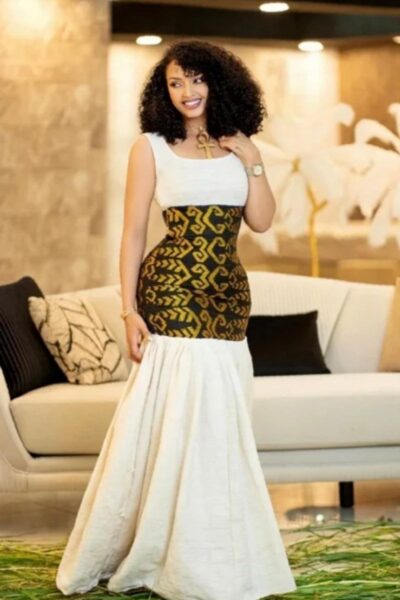 Zuria Habesha Kemis – White with Black & Gold Bodice