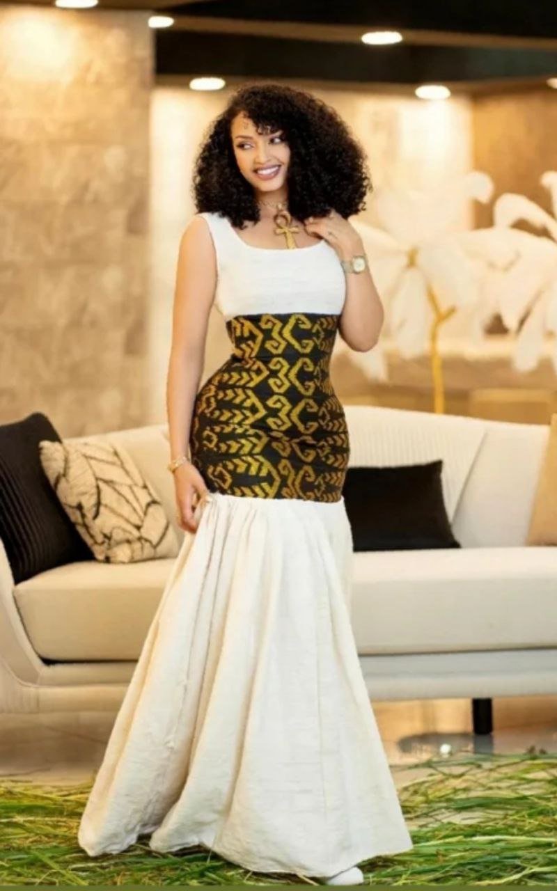 Zuria Habesha Kemis – White with Black & Gold Bodice – Azmarino Fashion Boutique