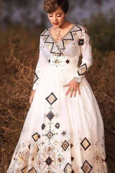 Zuria Habesha Kemis – White with Black Diamond Tibeb