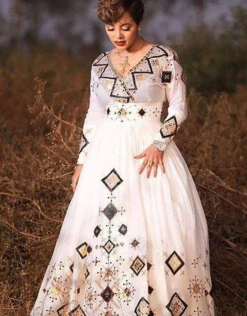 Zuria Habesha Kemis – White with Black Diamond Tibeb – Azmarino Fashion Boutique