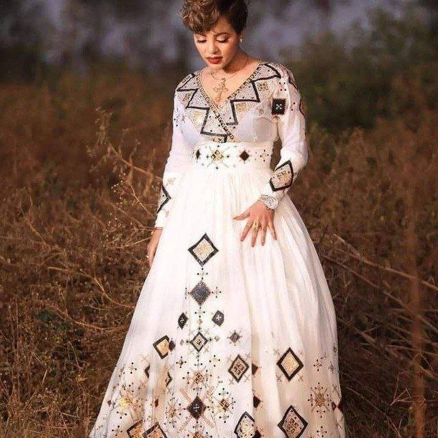 Zuria Habesha Kemis – White with Black Diamond Tibeb – Azmarino Fashion Boutique