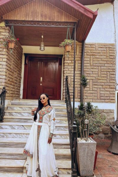 Zuria Habesha Kemis – White with Black Tibeb (Style 2)