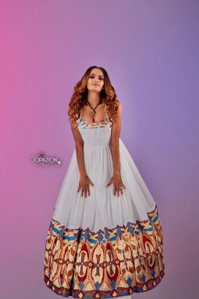 Zuria Habesha Kemis – White with Blue & Gold Tibeb (Style 1)