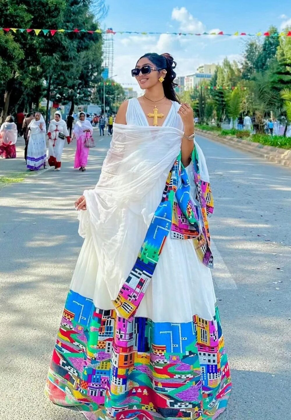 Zuria Habesha Kemis – White with Blue & Pink Tibeb – Azmarino Fashion Boutique