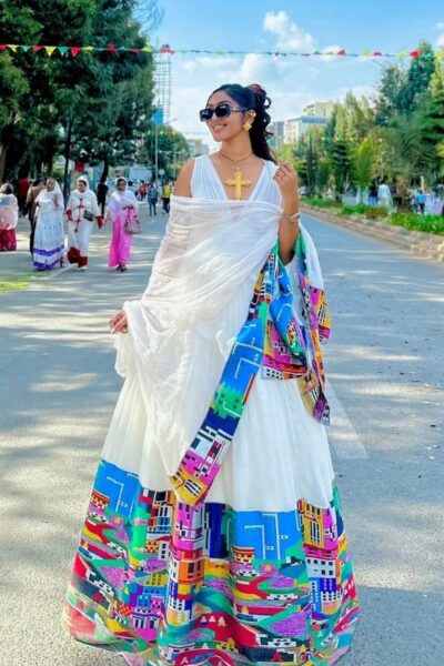 Zuria Habesha Kemis – White with Blue & Pink Tibeb