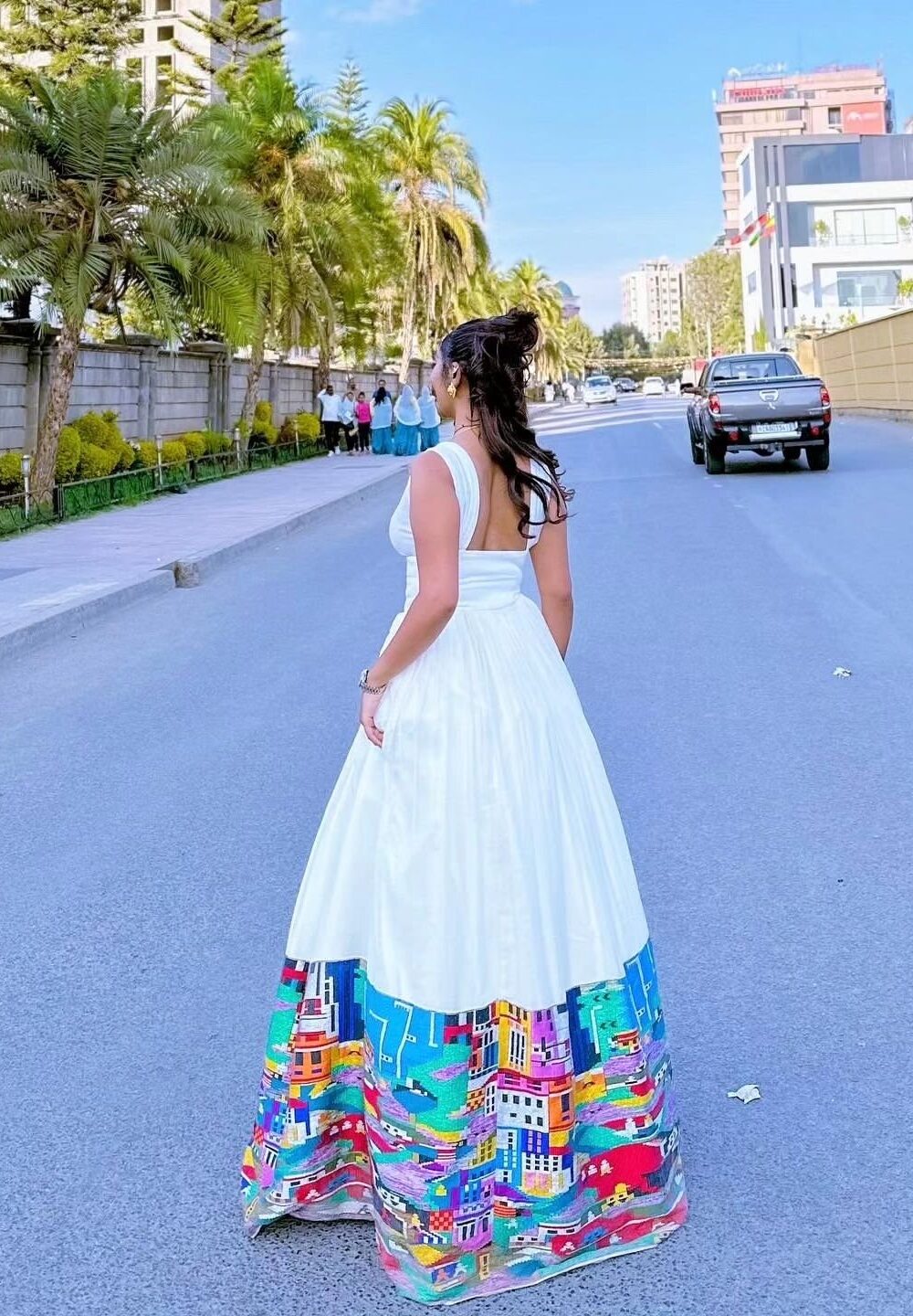 Zuria Habesha Kemis – White with Blue & Pink Tibeb – Azmarino Fashion Boutique – view 2