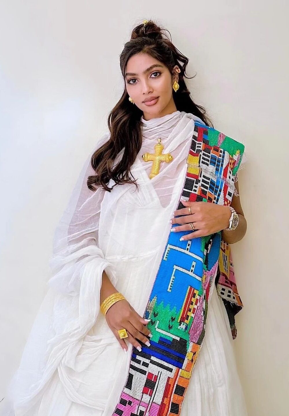 Zuria Habesha Kemis – White with Blue & Pink Tibeb – Azmarino Fashion Boutique – view 3
