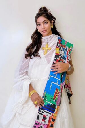 Zuria Habesha Kemis – White with Blue & Pink Tibeb – Azmarino Fashion Boutique – view 3