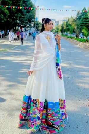 Zuria Habesha Kemis – White with Blue & Pink Tibeb – Azmarino Fashion Boutique – view 4