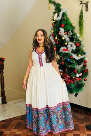Zuria Habesha Kemis – White with Blue & Red Tibeb – Azmarino Fashion Boutique – view 2