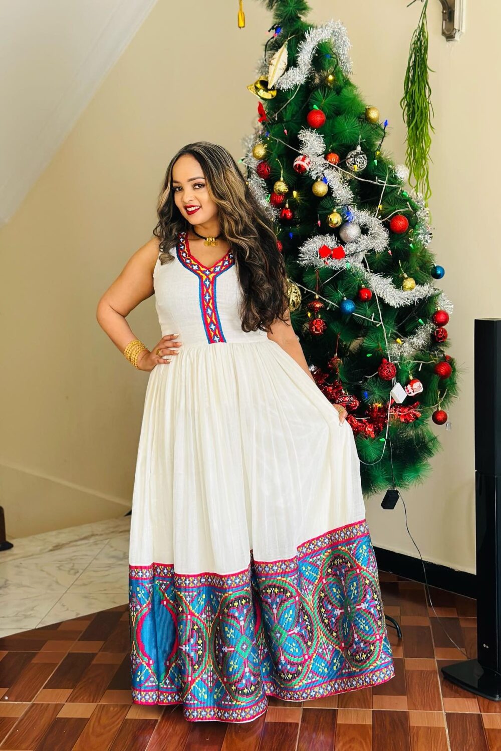 Zuria Habesha Kemis – White with Blue & Red Tibeb – Azmarino Fashion Boutique – view 3