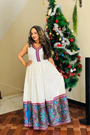 Zuria Habesha Kemis – White with Blue & Red Tibeb – Azmarino Fashion Boutique – view 3