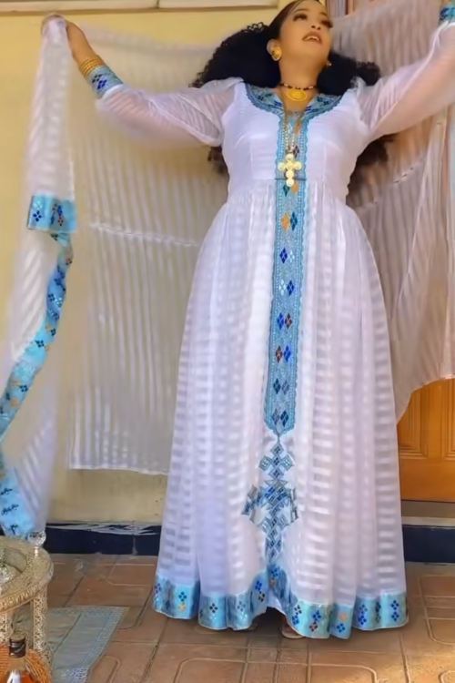 Zuria Habesha Kemis – White with Blue Tibeb (Style 1) – Azmarino Fashion Boutique