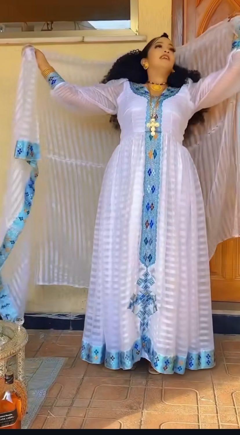 Zuria Habesha Kemis – White with Blue Tibeb (Style 1) – Azmarino Fashion Boutique