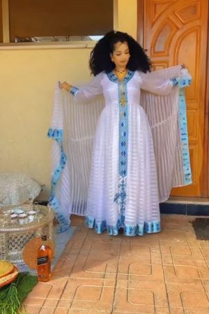 Zuria Habesha Kemis – White with Blue Tibeb (Style 1) – Azmarino Fashion Boutique – view 2