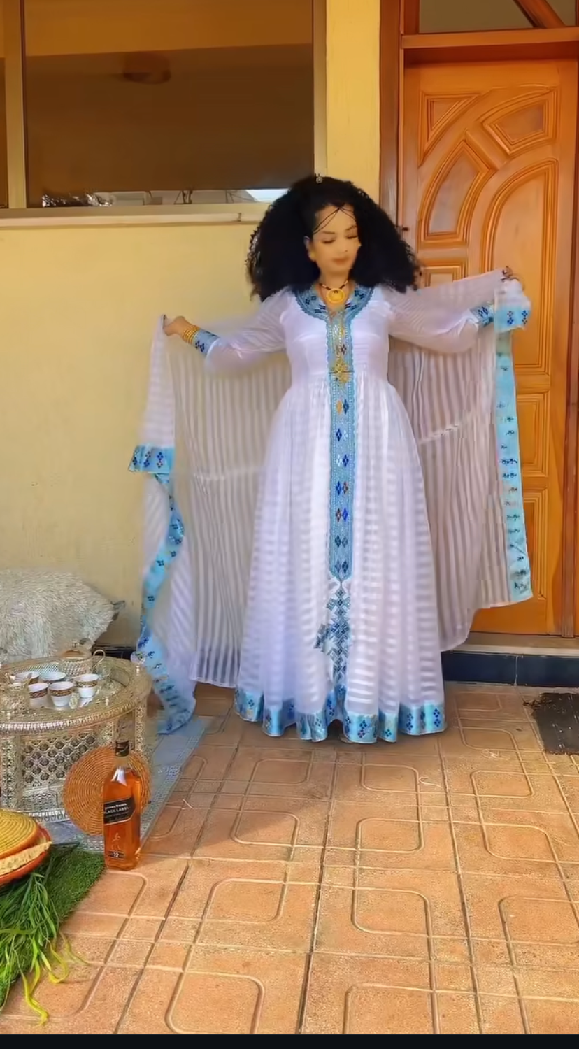 Zuria Habesha Kemis – White with Blue Tibeb (Style 1) – Azmarino Fashion Boutique – view 2