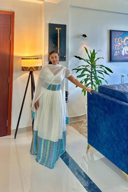Zuria Habesha Kemis – White with Blue Tibeb (Style 10) – Azmarino Fashion Boutique