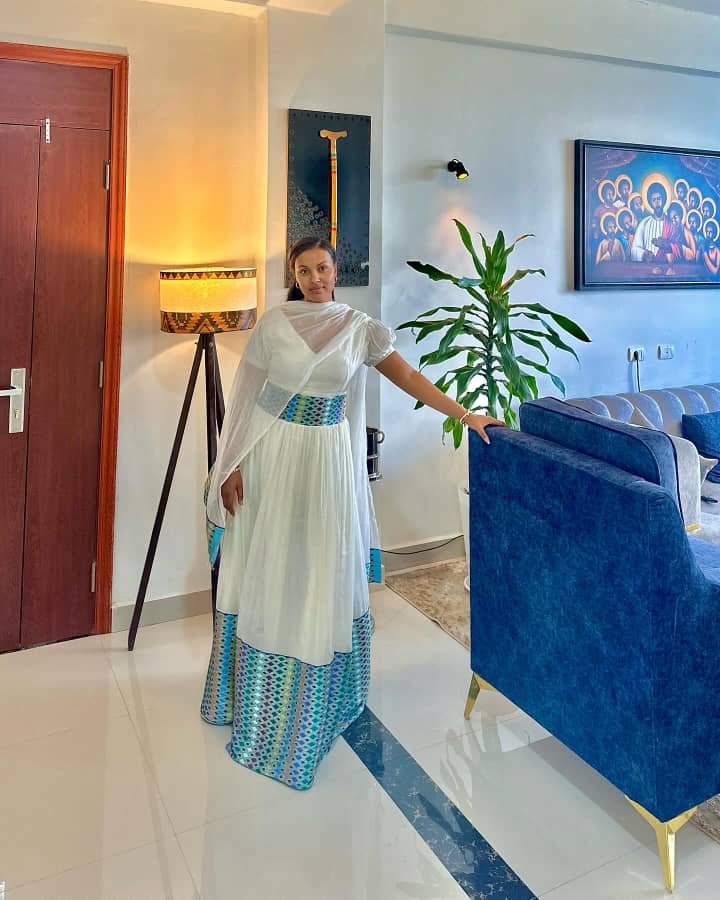 Zuria Habesha Kemis – White with Blue Tibeb (Style 10) – Azmarino Fashion Boutique