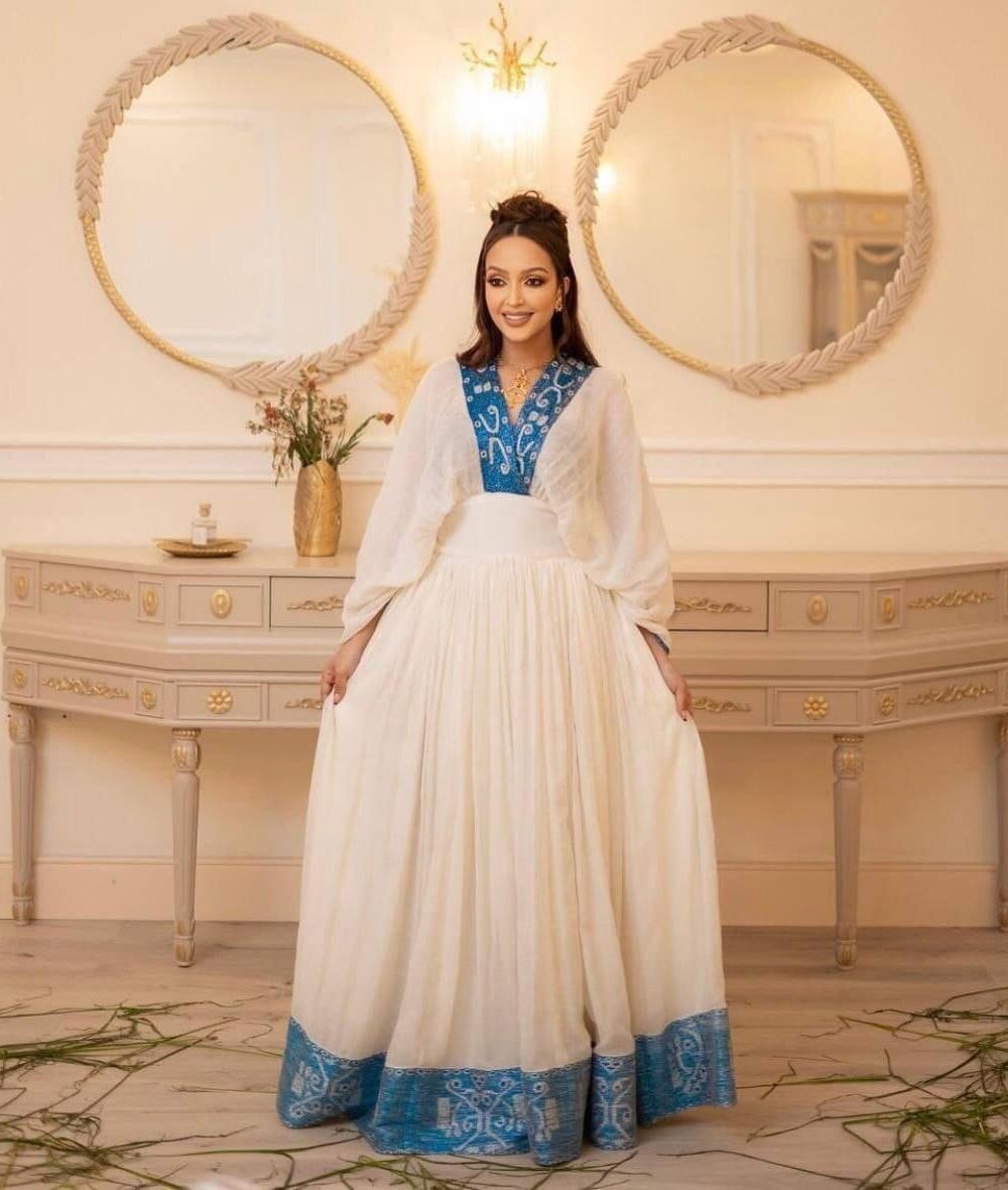 Zuria Habesha Kemis – White with Blue Tibeb (Style 11) – Azmarino Fashion Boutique