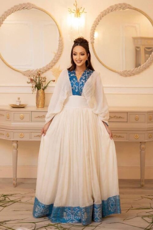 Zuria Habesha Kemis – White with Blue Tibeb (Style 11) – Azmarino Fashion Boutique