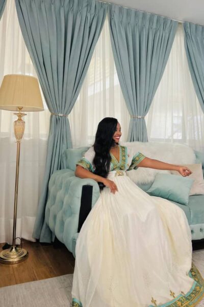 Zuria Habesha Kemis – White with Blue Tibeb (Style 12)