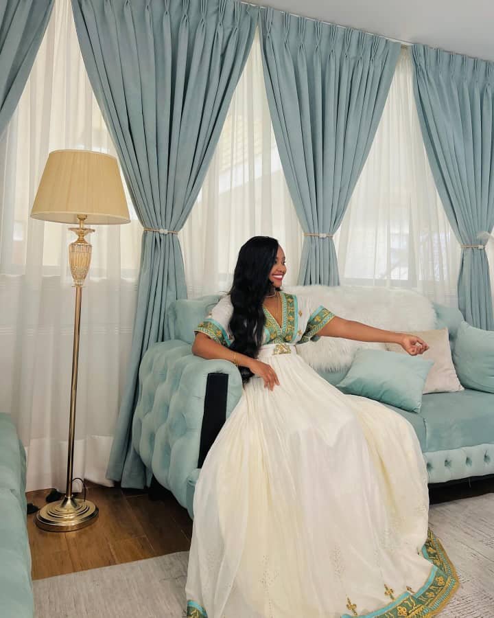 Zuria Habesha Kemis – White with Blue Tibeb (Style 12) – Azmarino Fashion Boutique