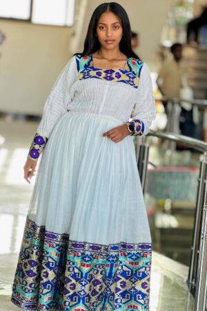 Zuria Habesha Kemis – White with Blue Tibeb (Style 2) – Azmarino Fashion Boutique