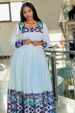 Zuria Habesha Kemis – White with Blue Tibeb (Style 2) – Azmarino Fashion Boutique – view 2